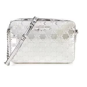 MICHAEL KORS Facet Logo Embossed Specchio Crossbody Bag Silver NEW